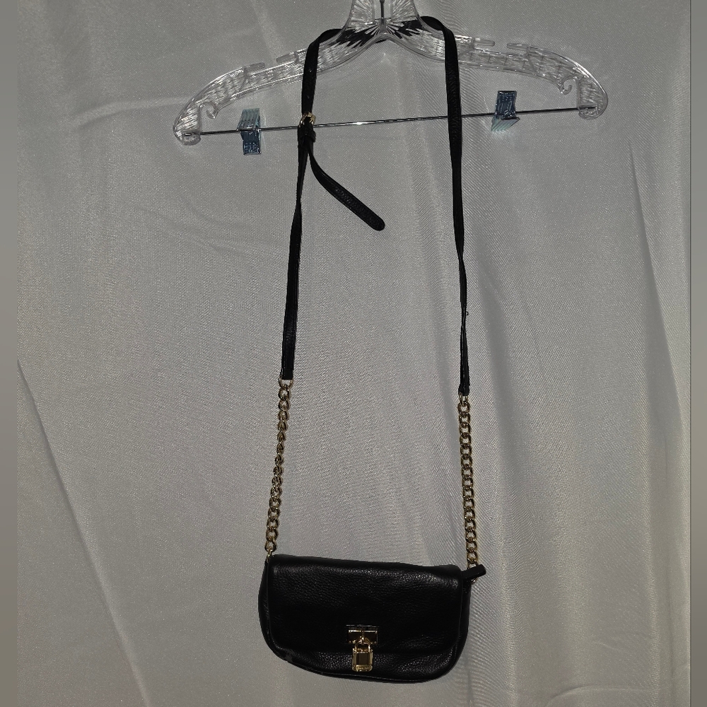 Calvin Klein Black Leather Crossbody with Gold Chain Accents